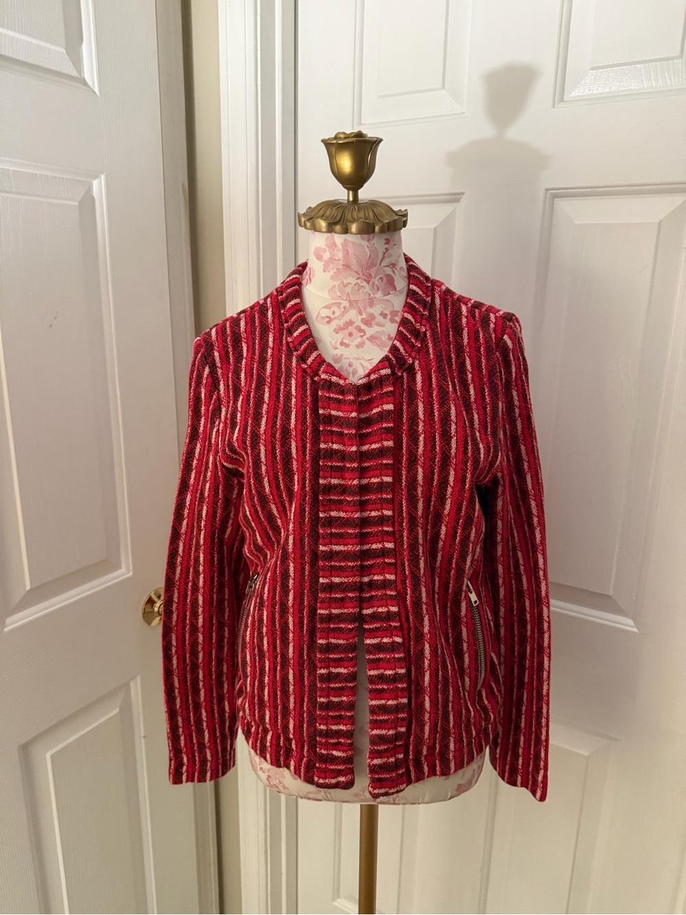 IRO Red and White Striped Open-Front Knit Blazer